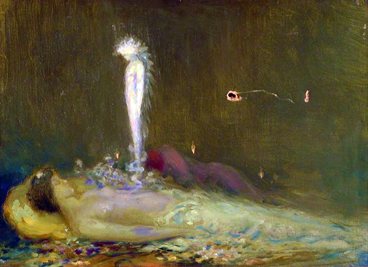 A glowing spirit-like figure rises from the body of a person lying down, surrounded by ethereal light and a dark, mystical background.