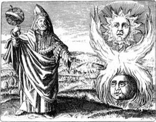 Alchemical woodcut showing a robed figure with a celestial sphere, a radiant sun above, and a moon within flames below.