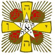 A golden cross with Hebrew letters at each arm surrounds a white triangle and six-pointed star, set against four red roses and radiating lines of light.