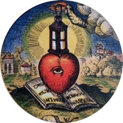 A surreal image of a heart with an eye, crowned by a lantern, hovering over an open book with rays of light, in a landscape with classical architecture and a glowing sky.