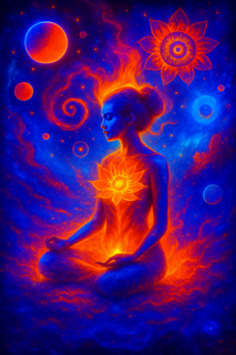 A glowing figure in a meditative pose radiates fiery energy from the heart and head, surrounded by celestial bodies and lotus imagery in a vivid cosmic space of blue and orange hues.