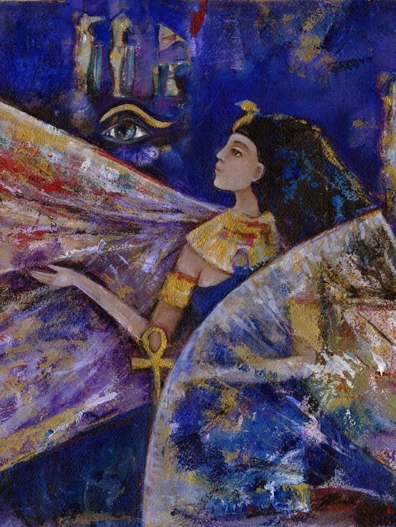 A stylized painting of an Egyptian queen or goddess with outstretched, wing-like garments, holding an ankh and adorned with gold jewelry, with the Eye of Horus and ancient symbols in the background.