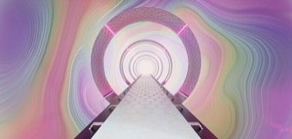 A glowing, futuristic tunnel with concentric rings and pastel-colored swirling patterns in the background, creating a surreal, otherworldly atmosphere.